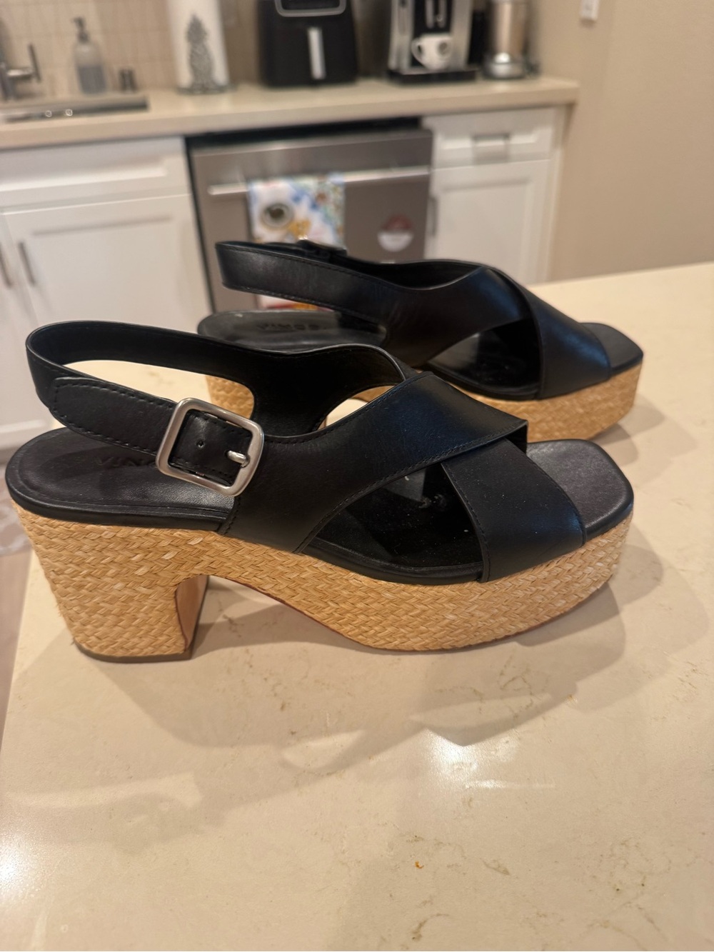 Vince Black Leather Platform Slingback Sandals with Woven Heel
